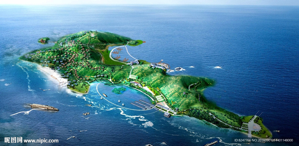 海上岛屿休闲乐园鸟瞰风景图