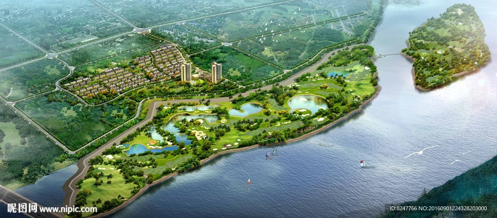 海边高尔夫休闲区鸟瞰建筑效果图