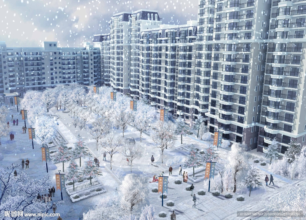 住宅区雪景休闲广场鸟瞰图