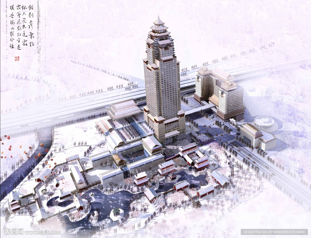 雪景鸟瞰商业购物广场效果图