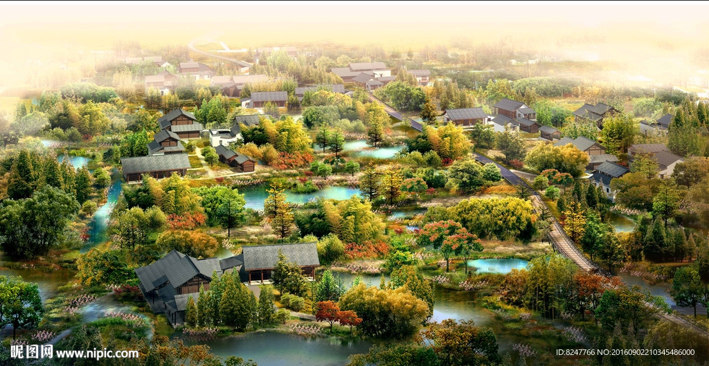美丽乡村鸟瞰建筑效果图