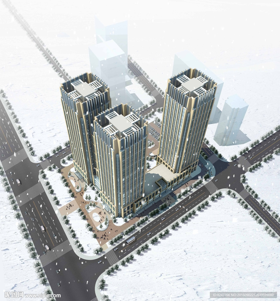 商务中心雪景鸟瞰效果图
