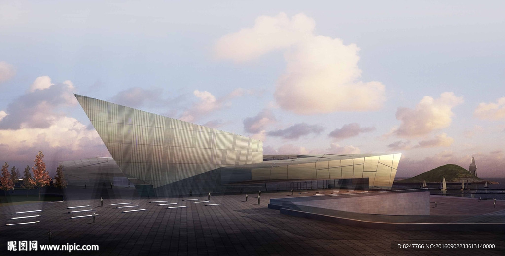 玻璃建筑博物馆黄昏建筑效果图