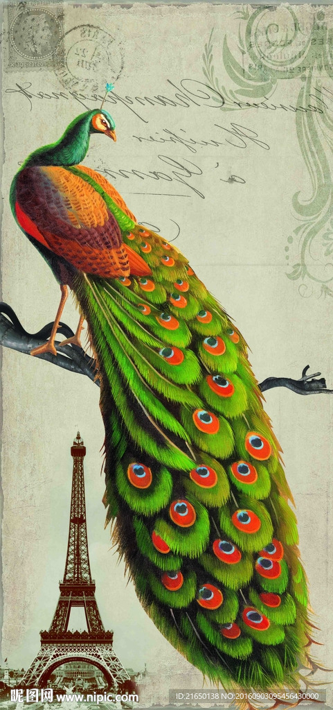 欧式复古孔雀油画玄关