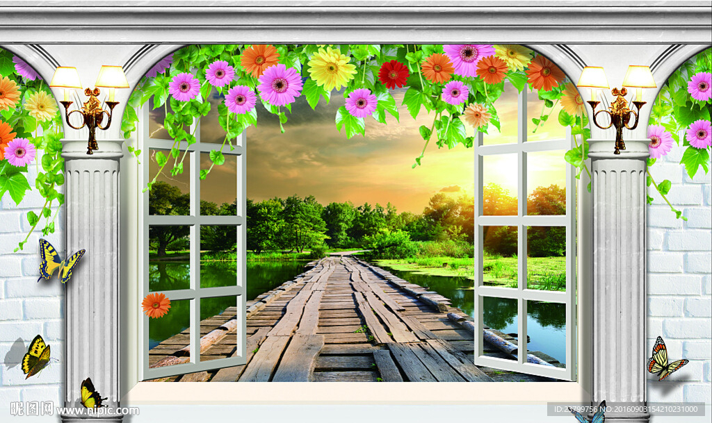 立体罗马柱窗外风景电视背景墙