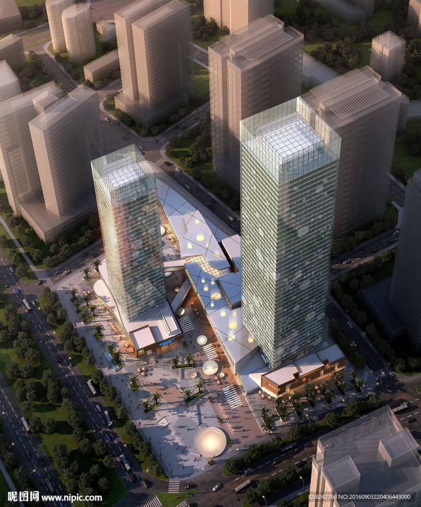 现代智能生活购物中心鸟瞰建效图