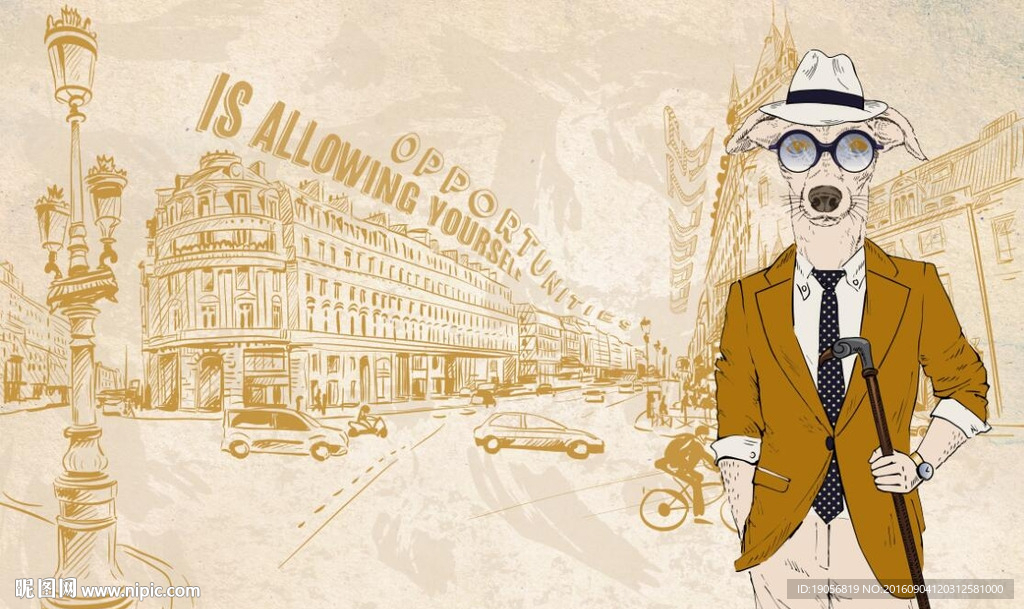 5d怀旧手绘卡通复古动物背景墙