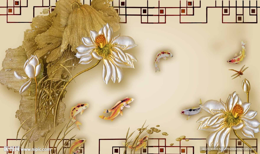 彩雕荷花背景墙