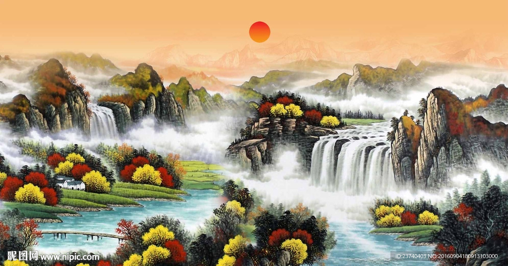 山水国画风景背景墙