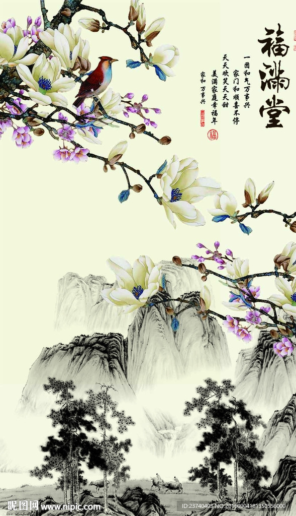 玄关背景墙 花鸟