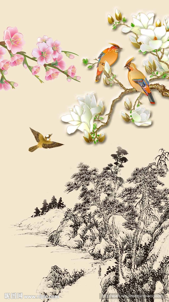 国画花鸟玄关屏风图片