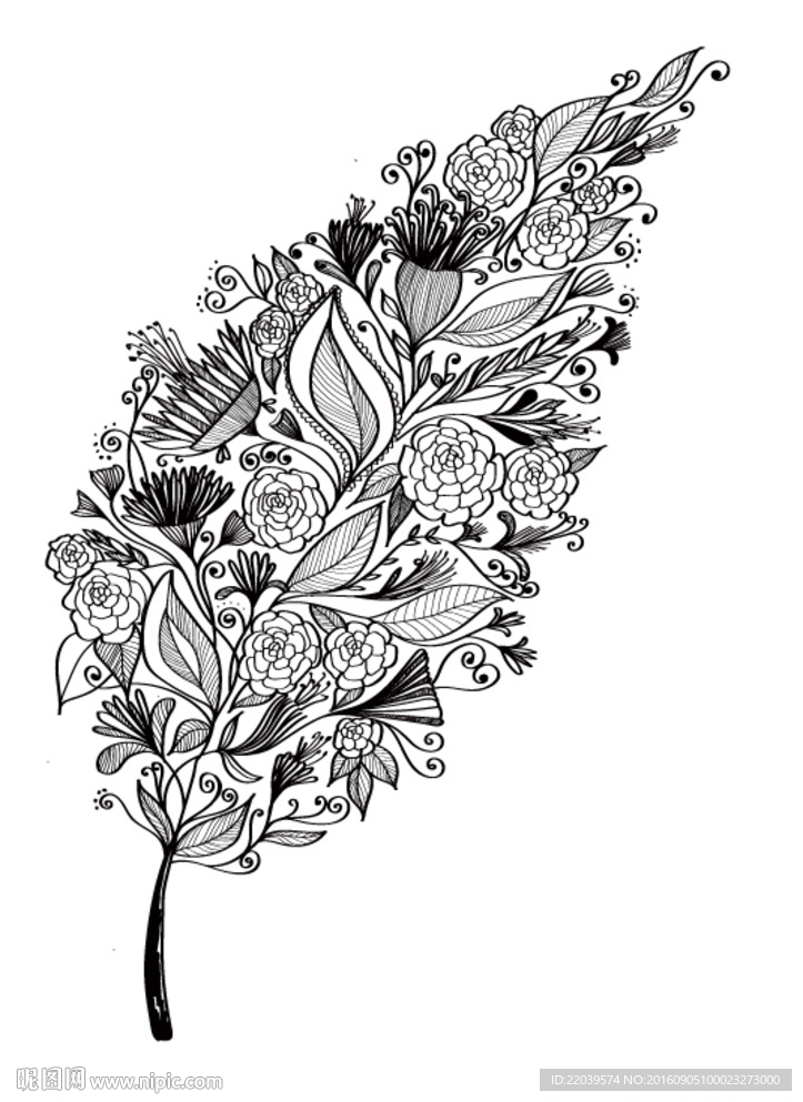 手绘AI树叶线描素材
