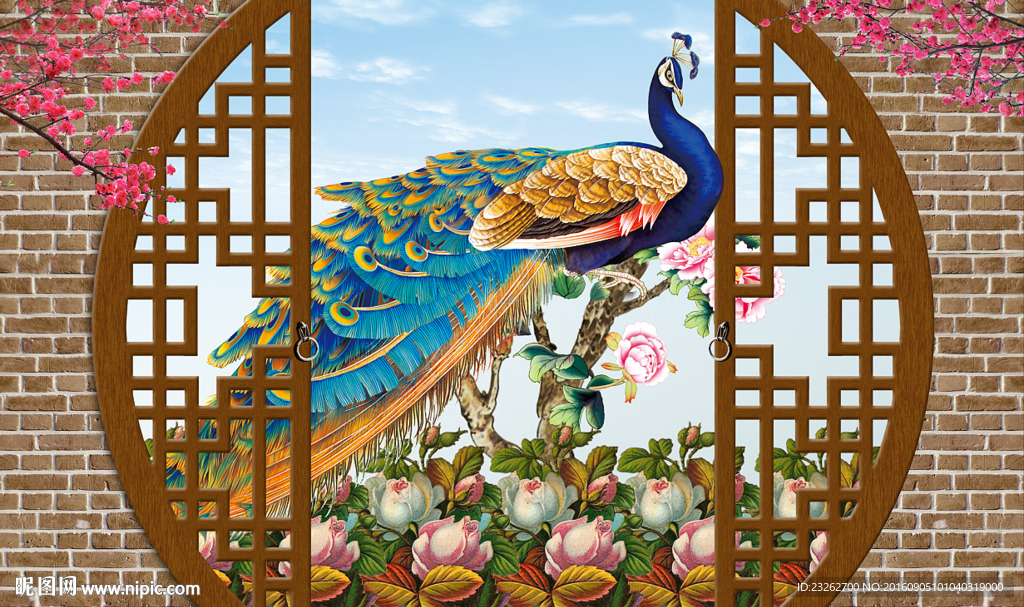 孔雀开屏立体窗背景墙装饰画