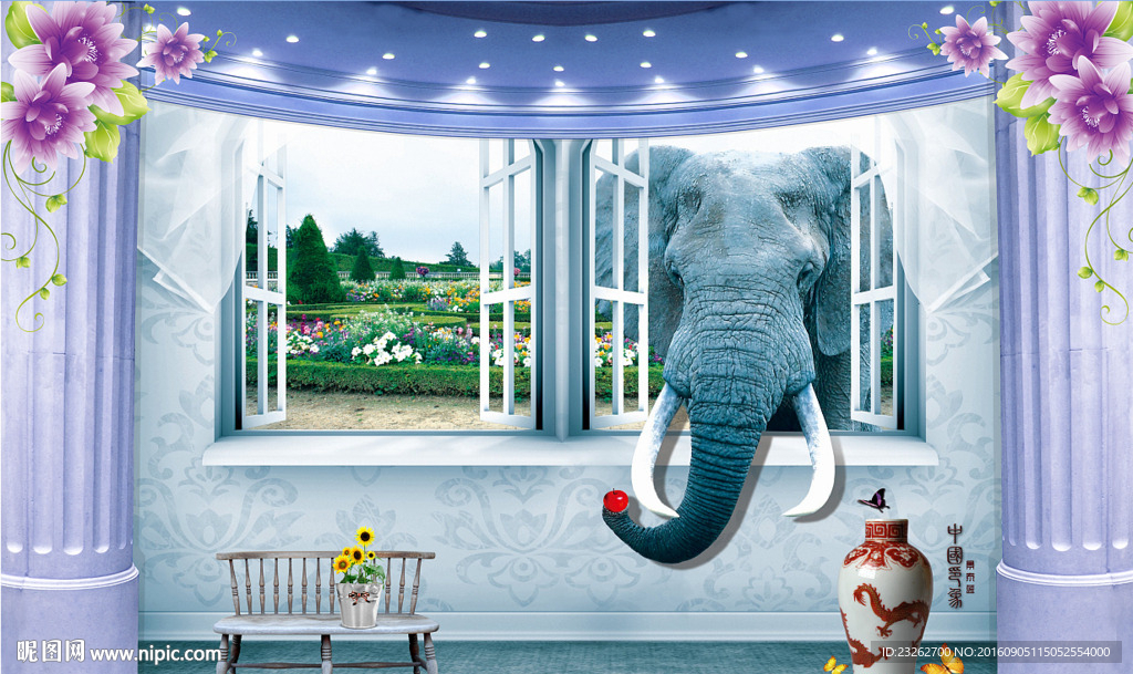 3D立体大象开窗罗马柱背景墙