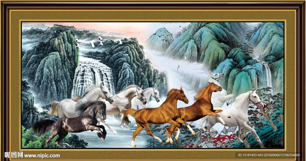 八骏图国画