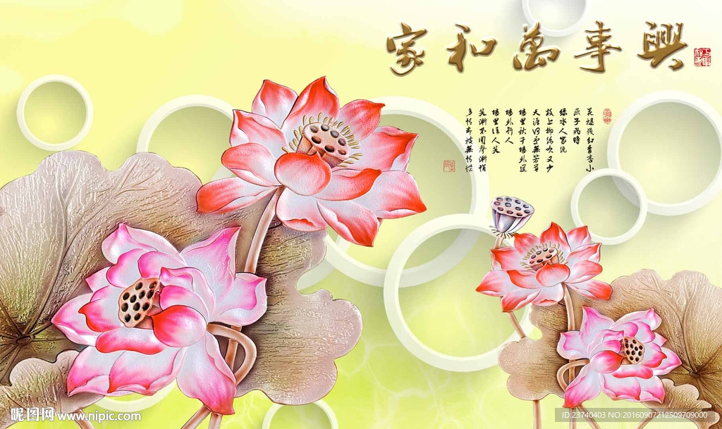 3d背景墙 荷花彩雕