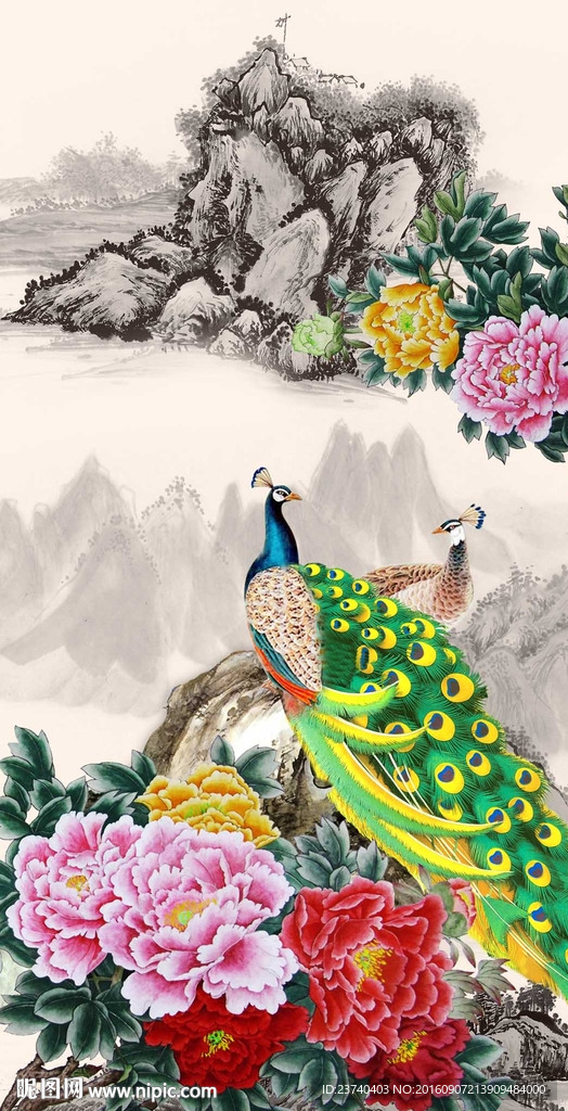 牡丹孔雀玄关背景墙