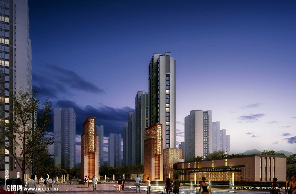 夜景住宅区休闲广场建筑效果图
