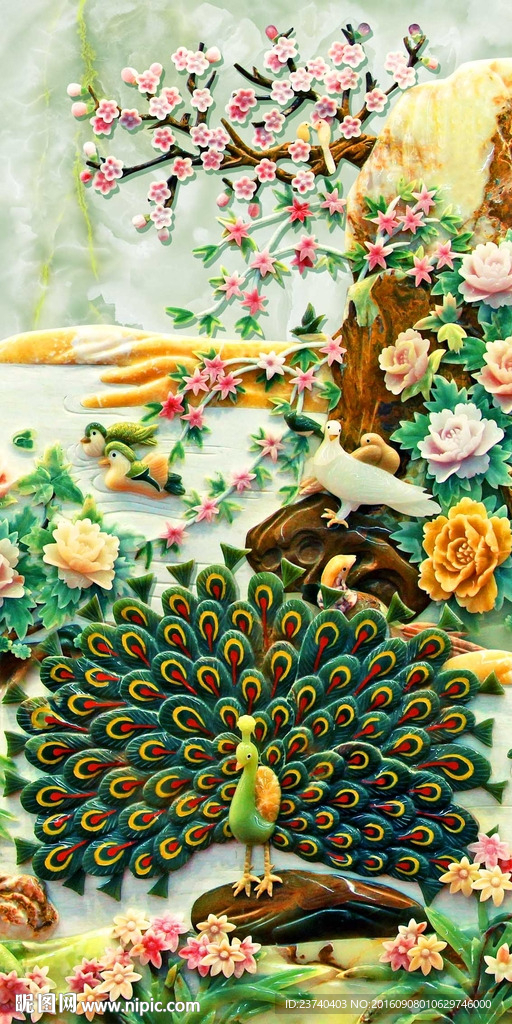 玄关孔雀玉雕背景墙