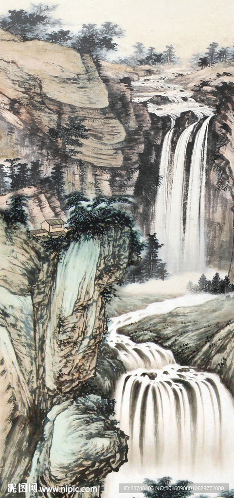 国画风景瀑布背景墙