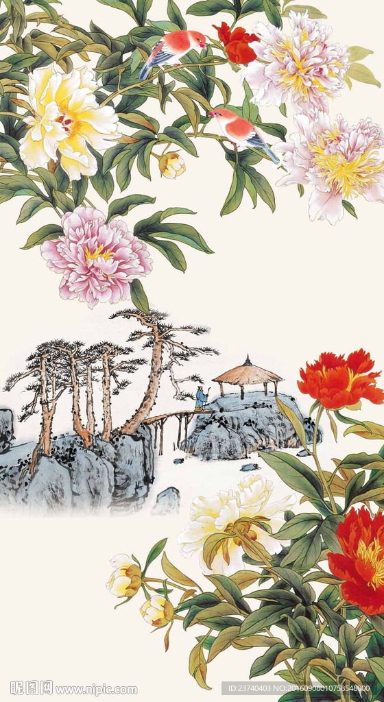 牡丹玄关背景墙