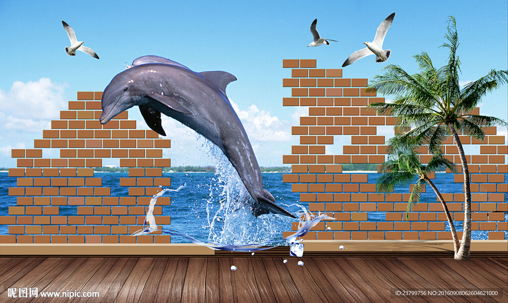 3D海豚出海橡胶树客厅电视背景