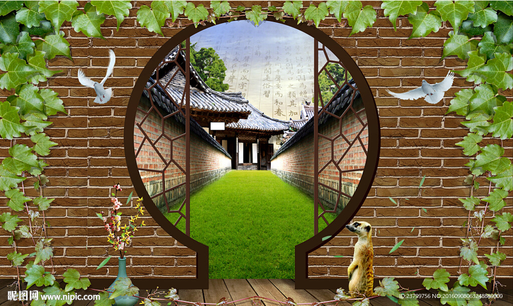 绿色墙院背景墙装饰画