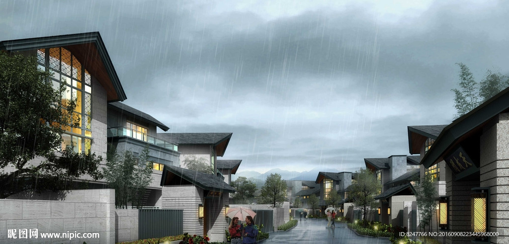 中式别墅雨景建筑效果图