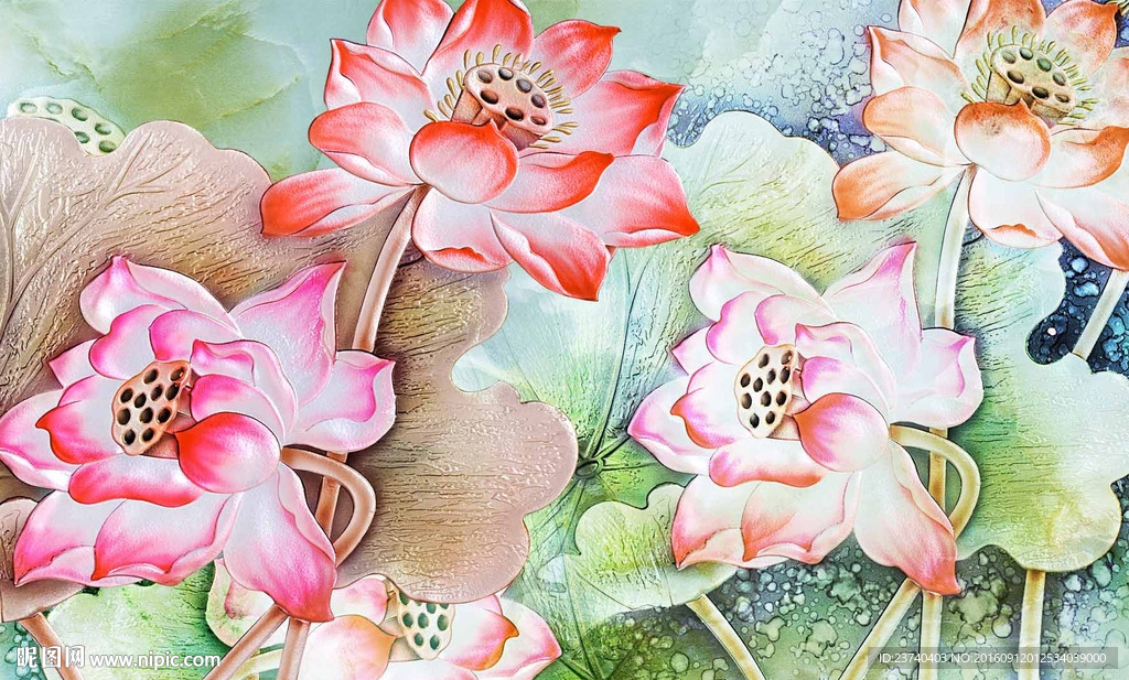 彩雕荷花背景墙