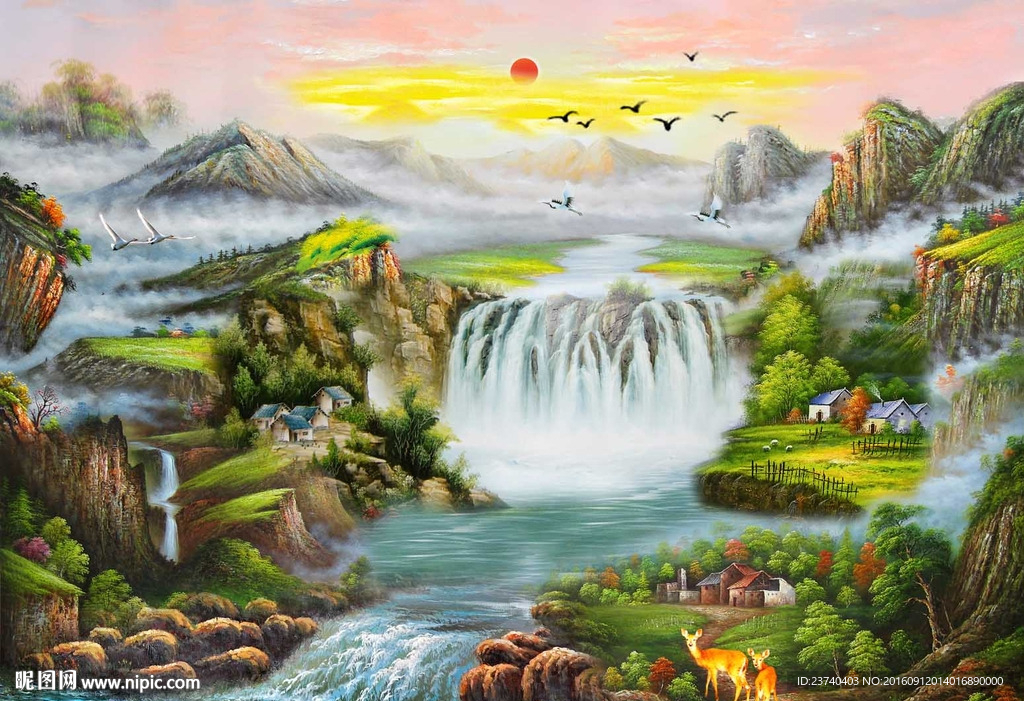 山水风景油画背景墙