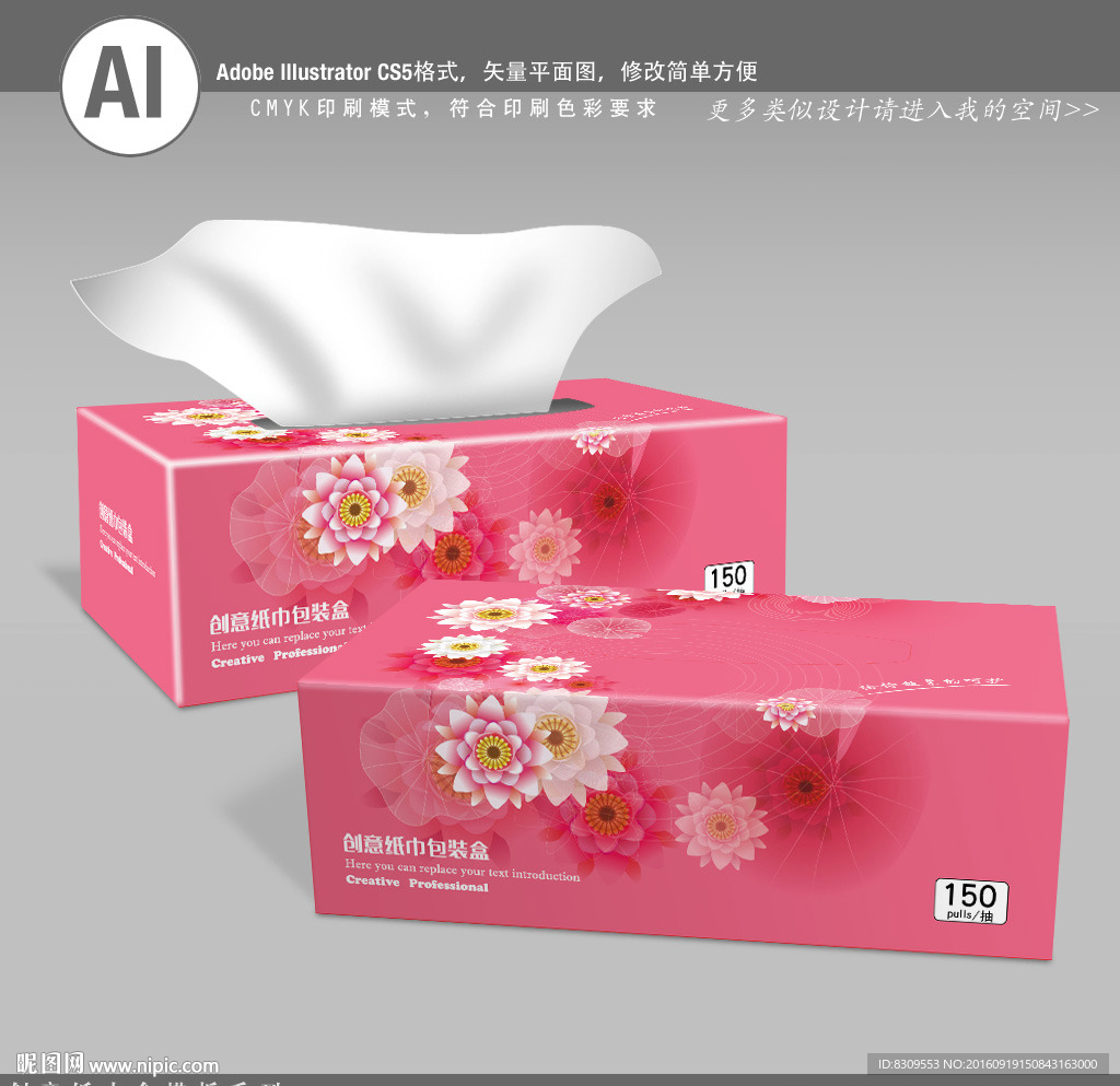 粉红色花纹抽纸盒礼品设计展开图