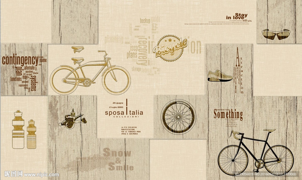 手绘自行车英文字母木板纹理