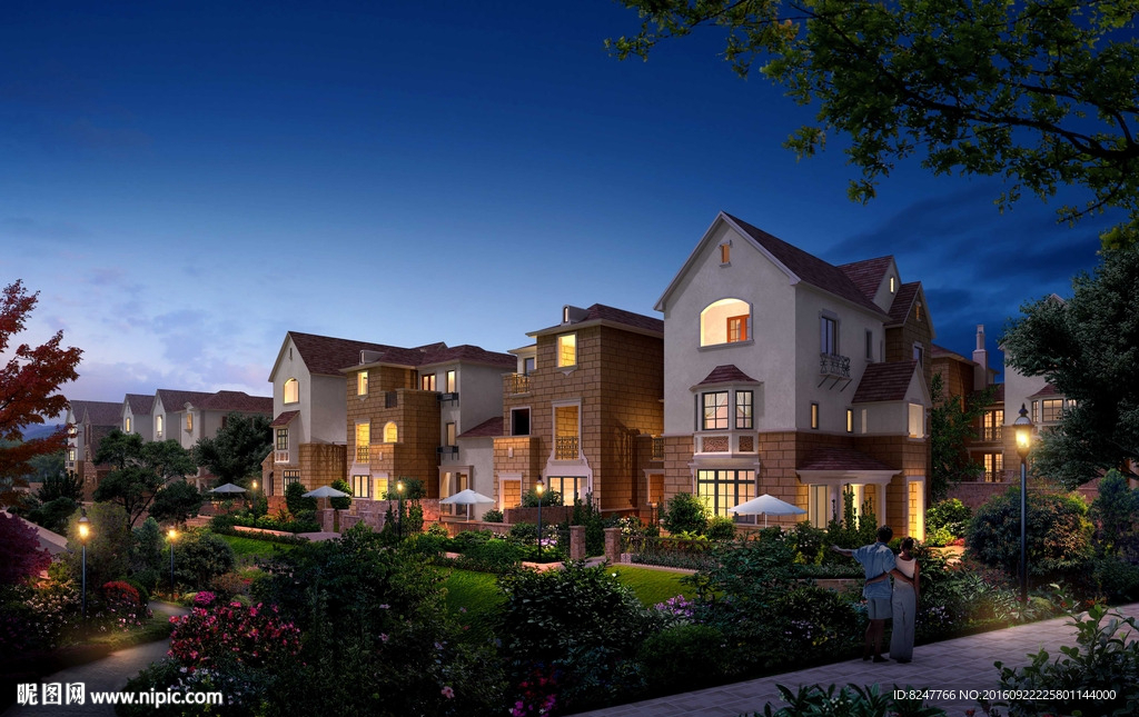 别墅夜景景观建筑效果图