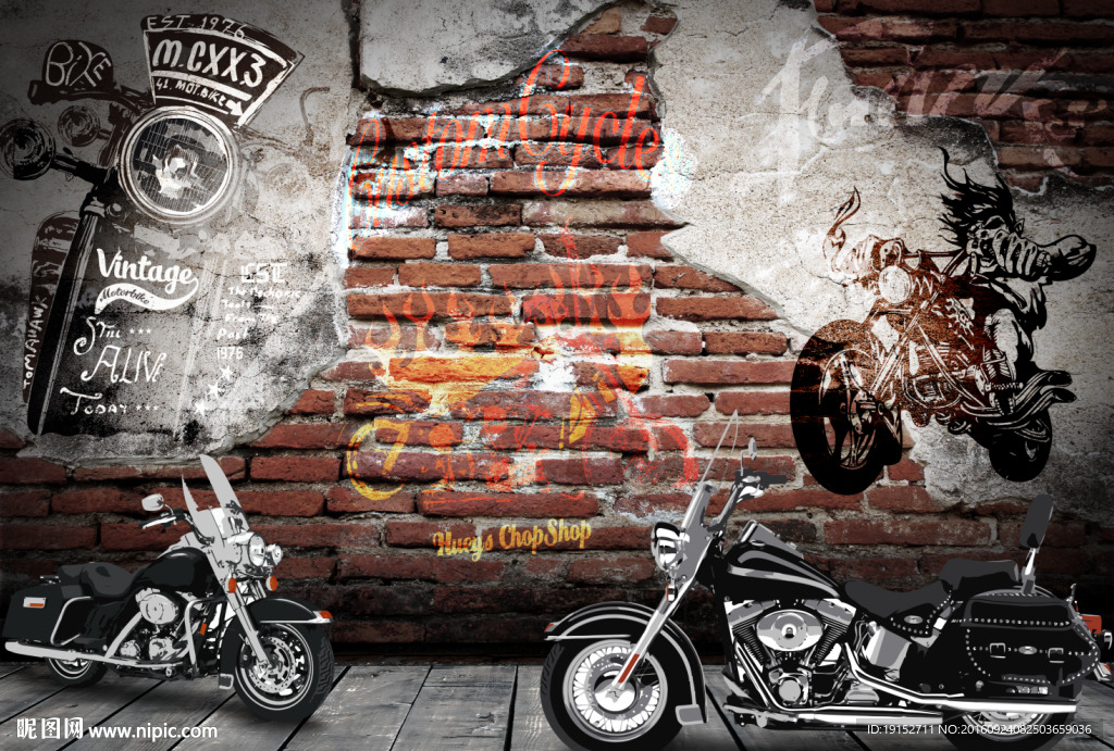 复古砖墙摩托车背景