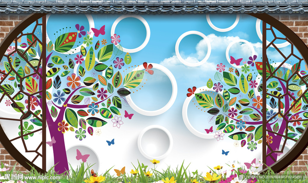 中式大门手绘树立体背景墙