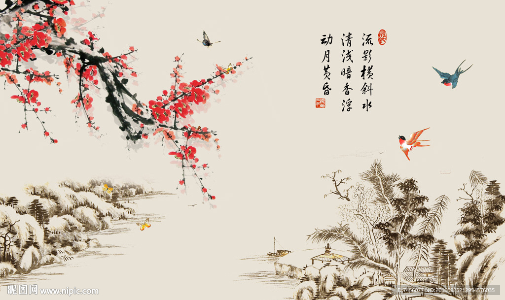 水墨玫瑰花中式背景墙