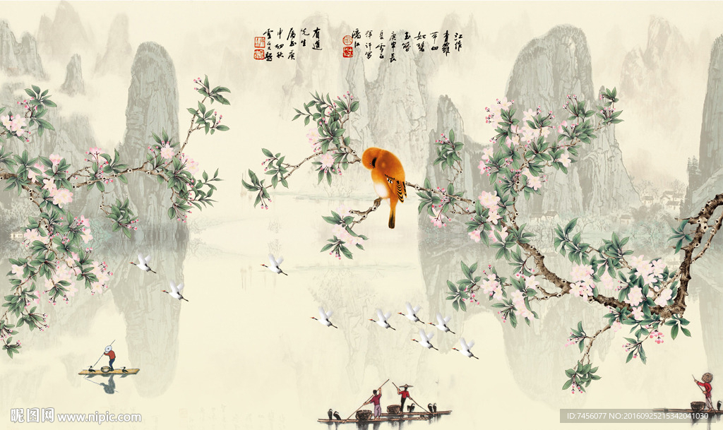 花鸟水墨风景画中式背景墙