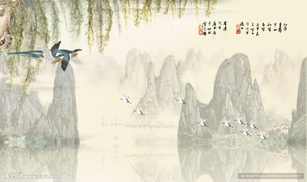 水墨湖畔花鸟柳条背景墙