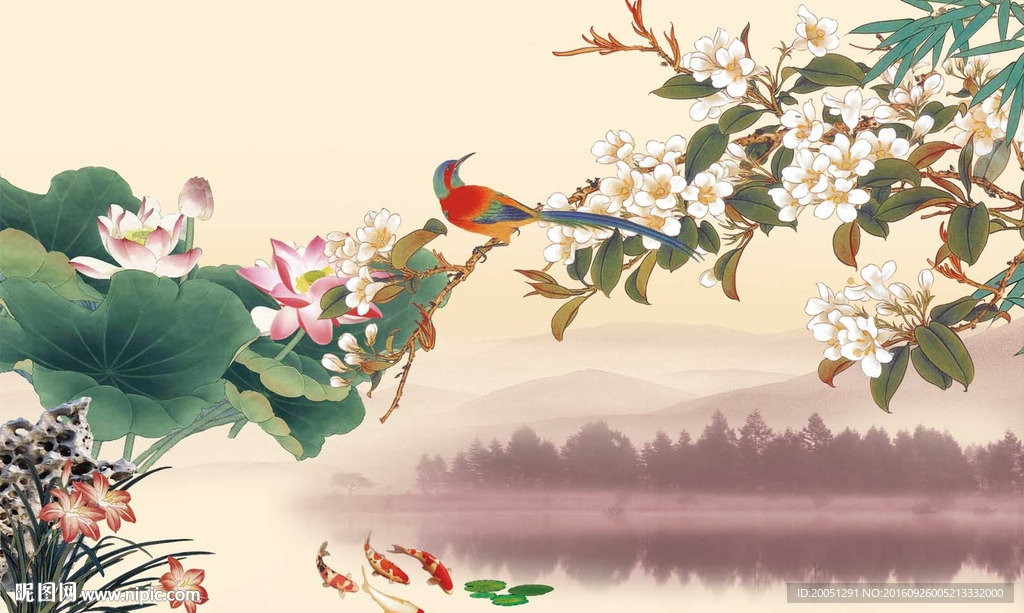 花鸟 荷花背景墙