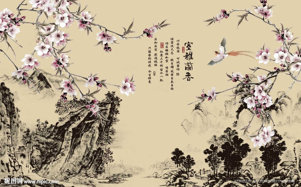 花鸟国画背景墙