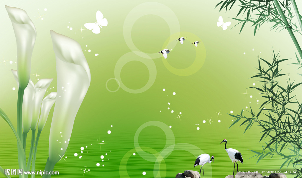 百合花仙鹤唯美风景画背景墙