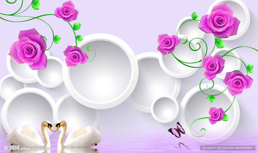 天鹅湖淡雅唯美玫瑰花背景墙