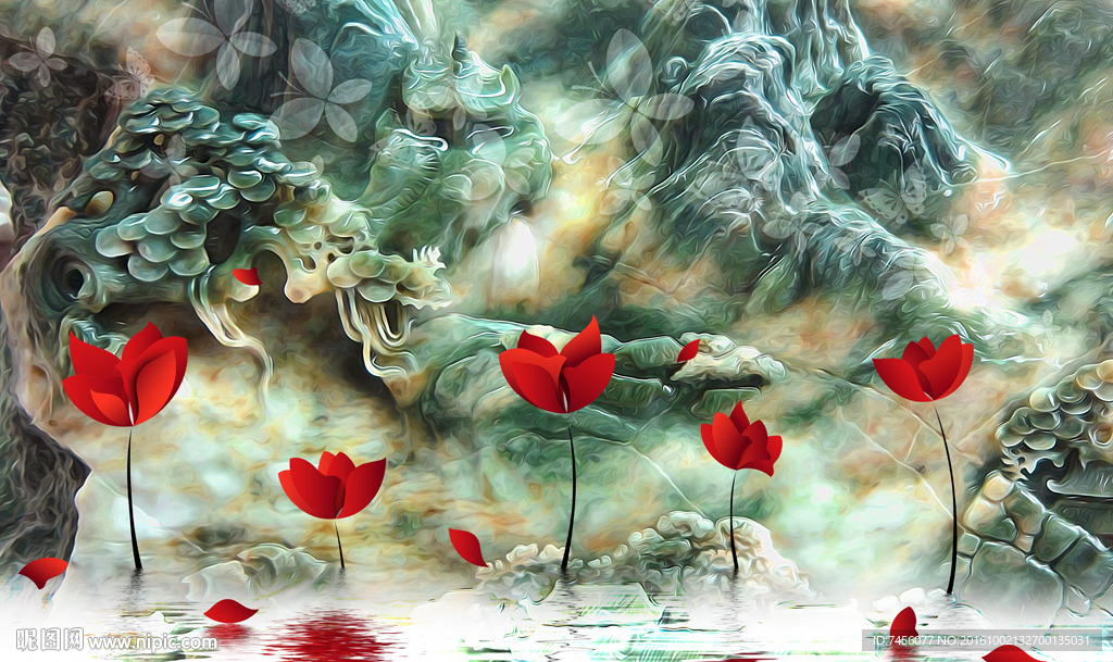 玉石水中小红花立体背景墙