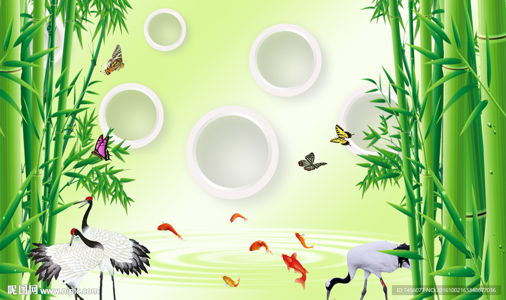 仙鹤游鱼竹子立体圈圈背景墙