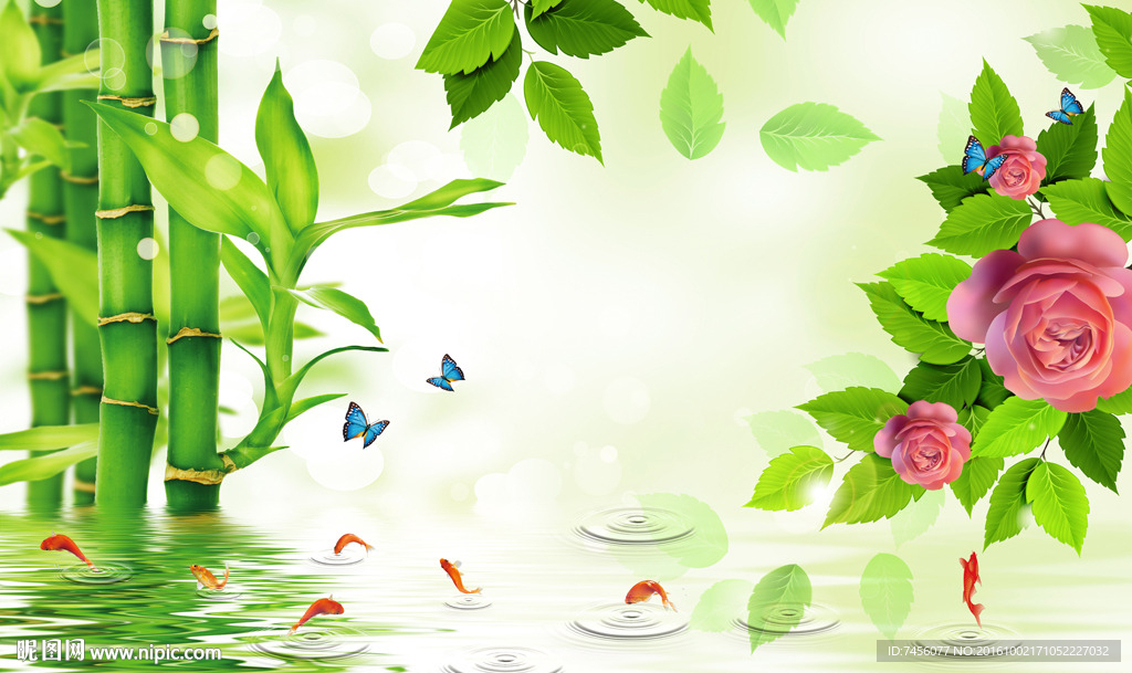 树叶竹林牡丹花背景墙