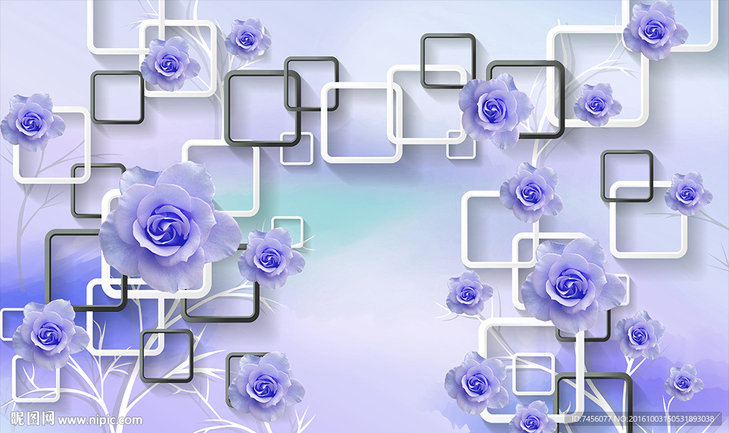蓝色玫瑰花藤时尚立体框框背景墙