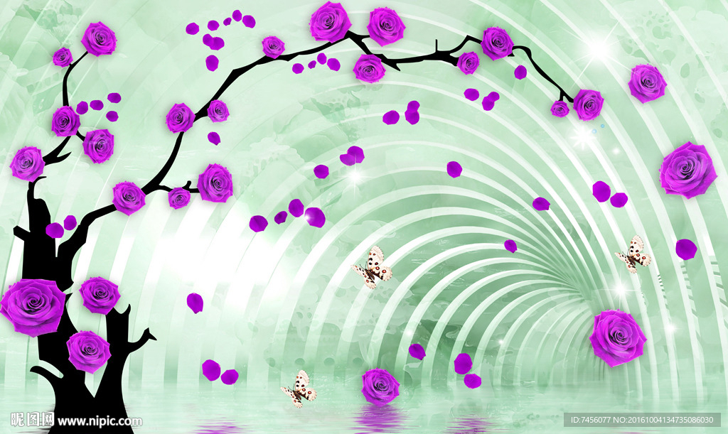 唯美紫色玫瑰花树背景墙