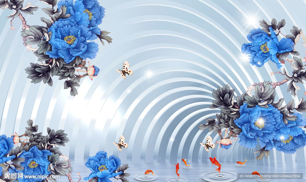 蓝色牡丹花游鱼立体背景墙