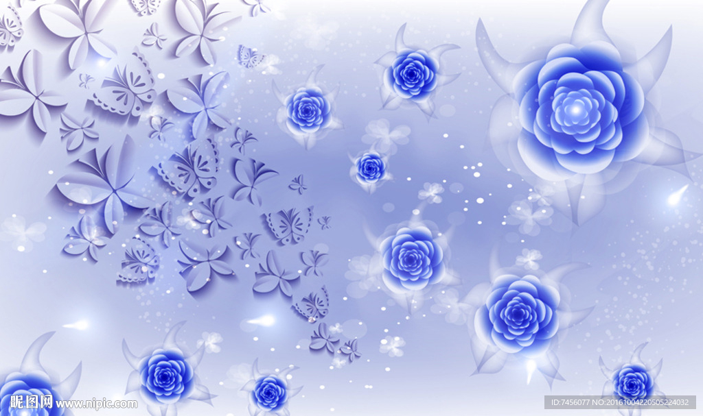 唯美蓝色玫瑰花蝴蝶立体背景墙