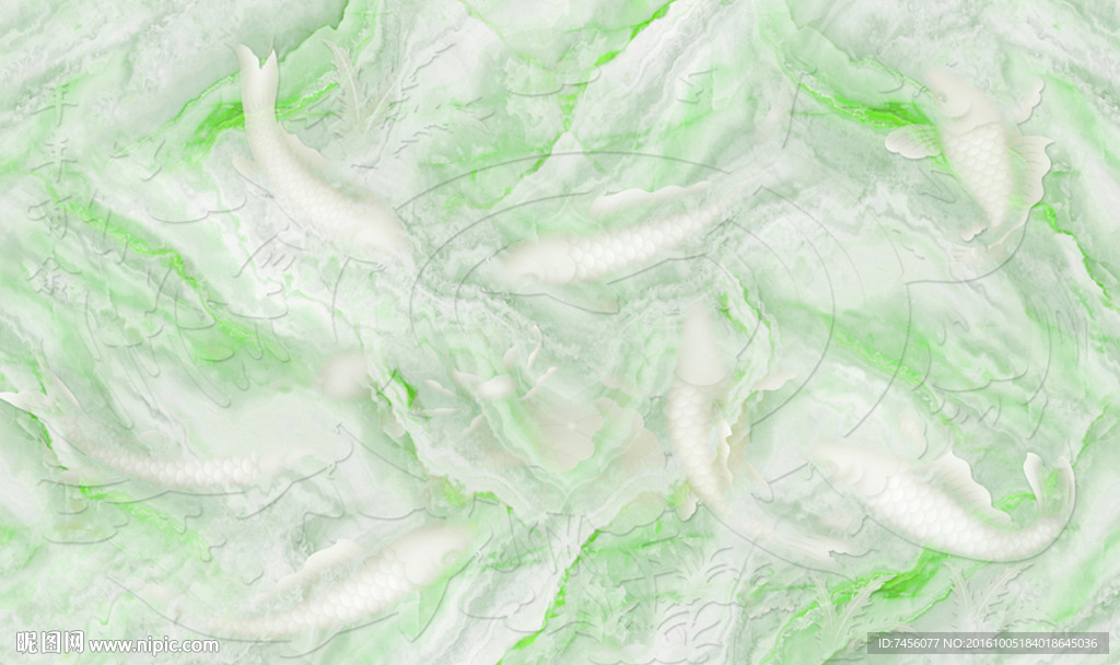 九鱼图玉雕彩色石背景墙